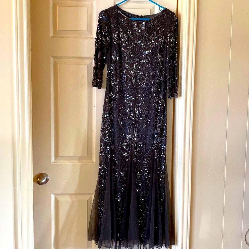 Pizarro Nights 3/4 Sleeve Jewel Neck Long Mesh Beaded Godet Gown